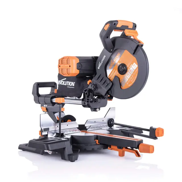 Evolution Power Tools Scie à Onglet Coulissante avec Caractéristiques PLUS - 45-45˚ Double Biseau, 50-50˚ Onglet - Coupe Multi-Matériaux - Le Bois, Plastique, Métal Lame Incluse 255mm - R255SMS-DB+