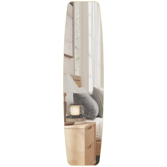 HOMCOM Grand Miroir Mural Ovale 160 x 40 cm, Miroir Suspendu Moderne, Cadre en métal et Bois, prêt à accrocher, pour Chambre, Salon, Dressing, entrée, doré