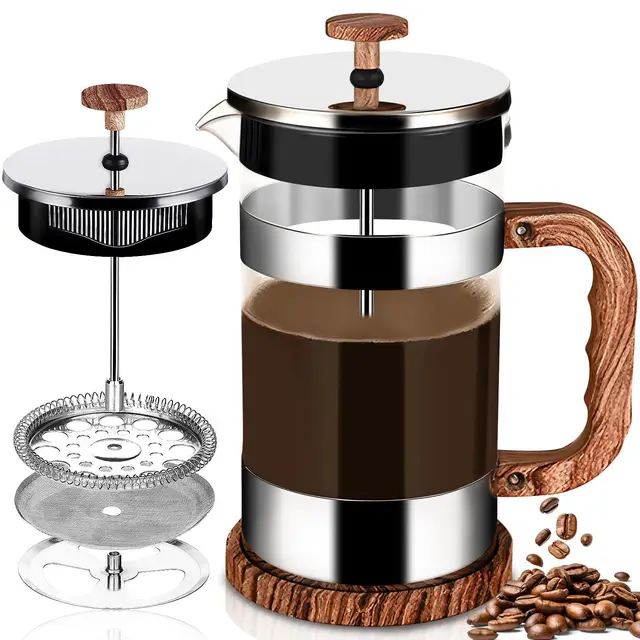 Cafetière à Piston, 1000ML Français Presse Café en Verre, Cafetière à Presse Française, Verre Résistant à La Chaleur Avec Boîtier en Acier Inoxydable et Filtrants Faciles à Nettoyer