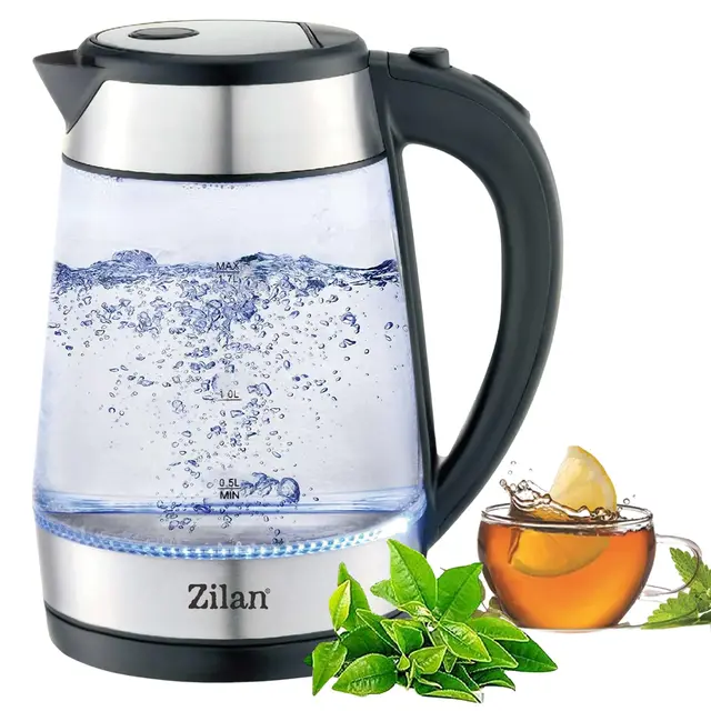 Zilan, Bouilloire en verre et acier inoxydable - 2200 W - 1,7 l - Éclairage LED bleu - 360 ° - Filtre anti-calcaire - Sans BPA - Kettle - Purificateur d'eau - Bouilloire à thé