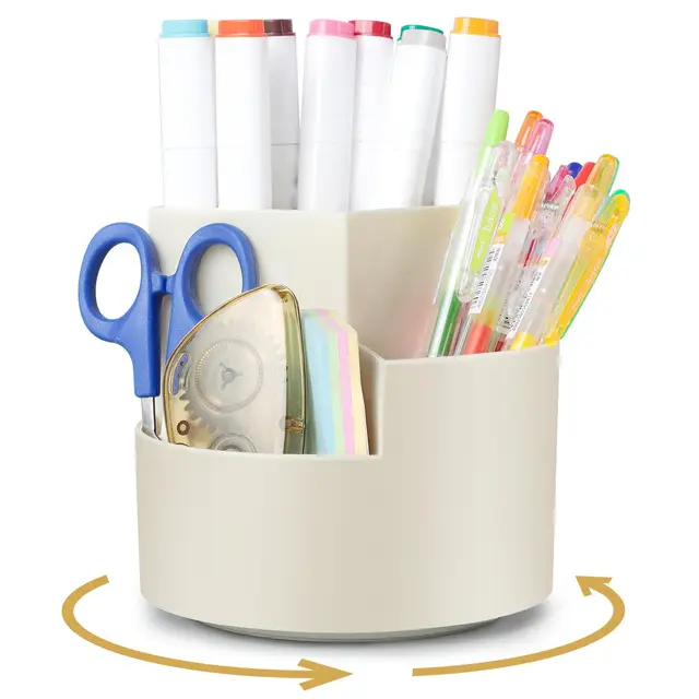 AiQInu Rotatif Pot a Crayon, Porte Organiseur Bureau, Porte-Stylos Pivotant à 360 Degrés avec 3 Compartiments, Rangement Stylo de Bureau Grande Capacité pour Papeterie, Maquillage, L'artisanat - Blanc