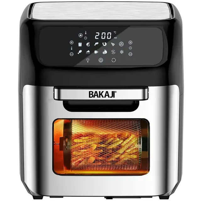 Bakaji Four friteuse à air chaud Frigge Cuisinière grille sèche sans huile Airfryer capacité 12 l écran LED tactile 12 programmes minuterie réglage température puissance 1800 W (argent)