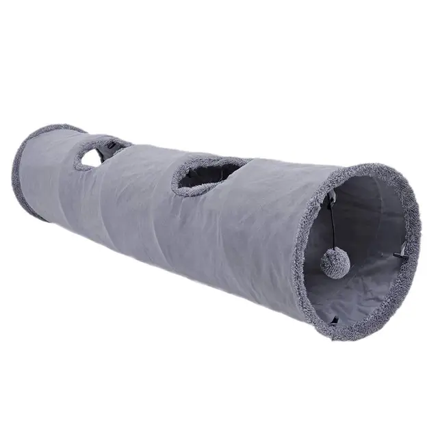Jouet Tunnel pour Chat, Tunnel pour Chat Pliable avec Grottes, avec 2 Trous et Boule Suspendue pour Chats Chatons Lapins Dia 30 * 130cm Gris