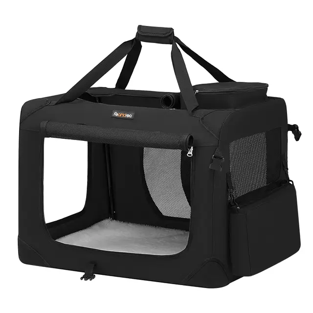 FEANDREA Sac Transport Chat Chien, Caisse Pliable Animaux de Companie, Taille L, Tissu Oxford, Filet, Respirant, Portable, Cadre en Métal, avec Poignées et Pochettes, 70 x 52 x 52 cm, Noir