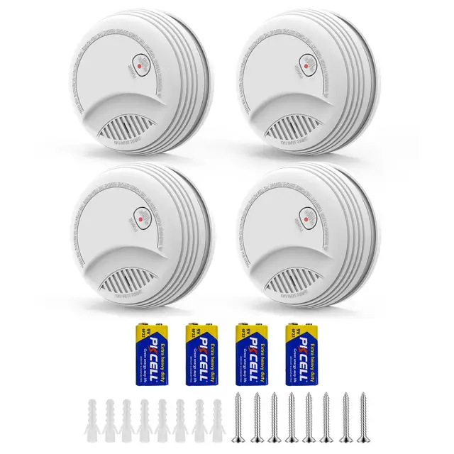 XUK Lot de 4 Detecteur de Fumée – Alarme Incendie avec Pile 9V Remplaçable, Avertissement Batterie Faible, 85 DB, sans Fausses Alertes, Bouton Test et Silence, EN14604, 10 Ans (4 pièces)