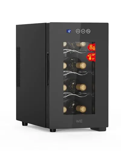 WIE Cave à Vin 8 Bouteilles 23L Réfrigérateur à Vin 5°C-18°C Refroidissement par Compresseur Verre Porte Panneau Tactile LED Intérieur Frigo Vin Bar Intérieur/Extérieur