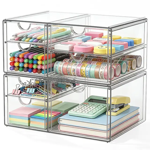 GoMaihe Lot de 2 Organisateurs de Bureau, Rangement pour Maquillage avec 7 Tiroirs, Accessoires de Bureau Transparents, Organisateur de Tiroir Antipoussière pour Maquillage, Bijoux, Stylos, Papeterie