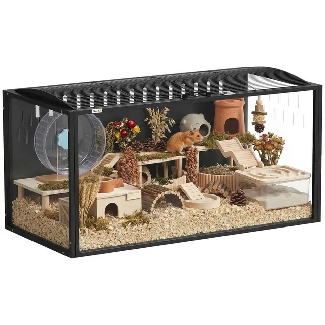 PawHut Cage à Hamster Géante 105 cm Habitat pour Rongeur en Acier et Acrylique Transparent Grande Cage avec Vue Panoramique et Toit Ouvrant pour Hamster Syrien et Souris, Noir