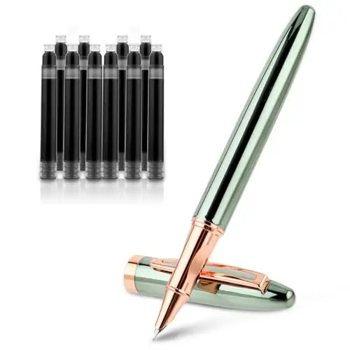Lot de 10 stylos à plume en métal - Pointe fine de 0,38 mm - Avec 10 cartouches d'encre noire de 3,4 mm à recharger - Cadeau pour travail, bureau, entreprise - Vert