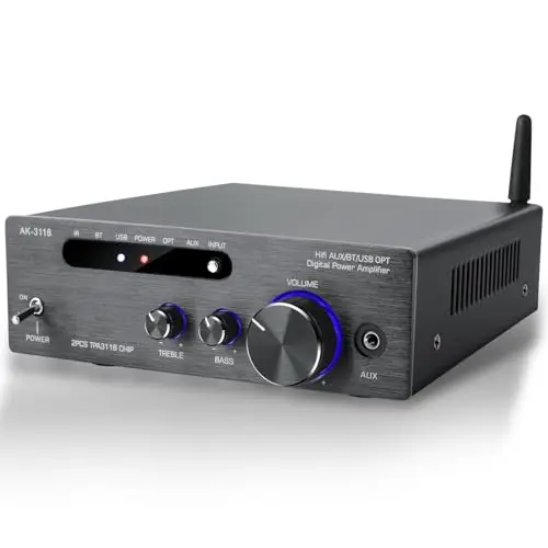 HIFI-Amplificateur, 2 Canaux 2000W Ampli, Bluetooth 5.3 Amplificateur audio stéréo, RMS 100 W X2 Mini Récepteur, entrée de OPT/AUX/USB pour la maison ou la voiture