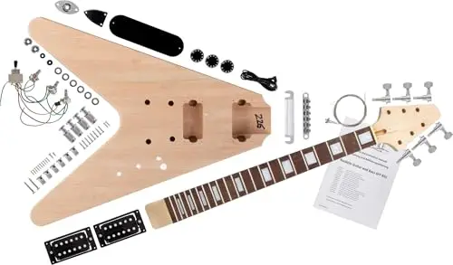 Kit guitare électrique Rocktile FV-style – kit DIY: corps acajou, touche palissandre, 22 frettes, 2x humbuckers, mécaniques die-cast, finition naturelle. Kit de montage.