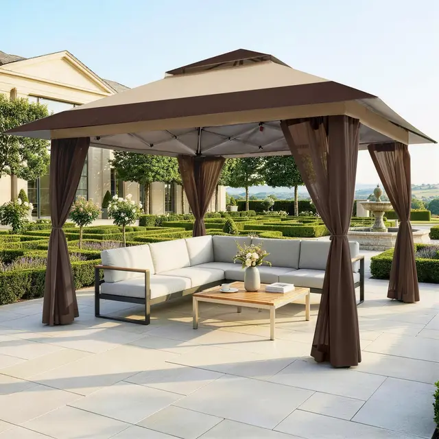 CROWN SHADES Tonnelle de Jardin 4 x 4 m, Pop Up Gezebo Exterieur Imperméable, Abri de Jardin Réglable en Hauteur, Double Toit avec Côtés en Maille Zippée, Sac de Transport, Beige