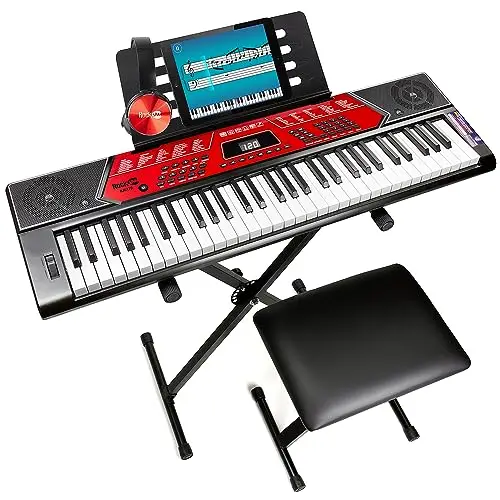 RockJam RJ6170-SK Kit Clavier Piano 61 Touches, Clavier Électronique Rouge Débutant avec Pitch Bend, Support, Banc, Casque, Entrée Aux et Cours