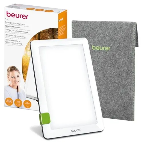 Beurer TL 30 Lampe de luminothérapie, 10 000 lux, simulation de la lumière du jour, lampe à lumière du jour compacte avec support et pochette de rangement, 23,6 x 15,6 x 2,6 cm