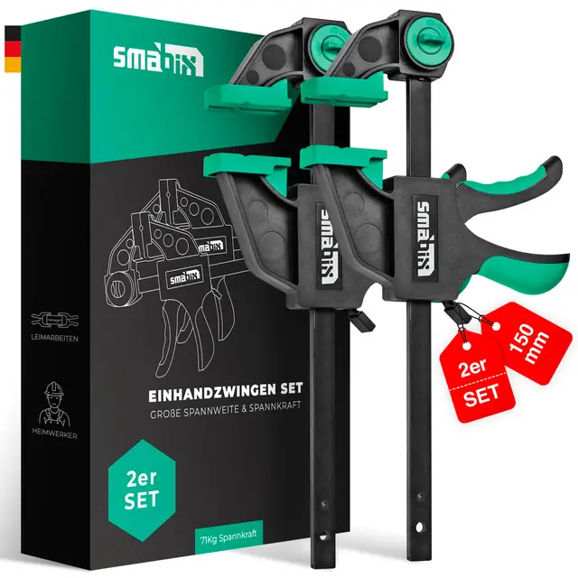 SMABIX® Serre-joints à une main | jeu de 2 pour serrer, étirer, force de serrage 71Kg, largeur de serrage 150 mm, plage d'étirement 135mm - 285mm