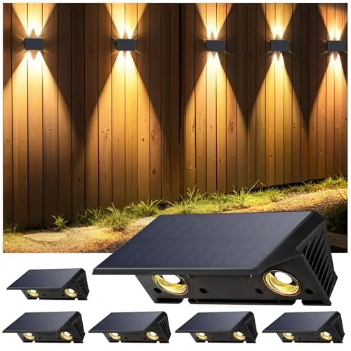 Applique Solaire Extérieur, 6 Articles Haut & Bas Applique Murale Solaire Blanc Chaud 1500mAh Lampe Solaire Murale Extérieur IP67 Étanche Spot Sans Fil 100 Lumens pour Clôture Jardin