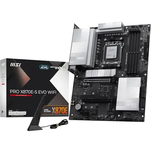 MSI Pro X870E-S Evo Carte mère WiFi ATX Prend en Charge Les processeurs AMD Ryzen 9000/8000/7000, AM5-60A SPS VRM, DDR5 Memory Boost (jusqu'à 8200+ MT/s OC), PCIe 5.0 x16, M.2 Gen5, Wi-FI 7, 5G LAN