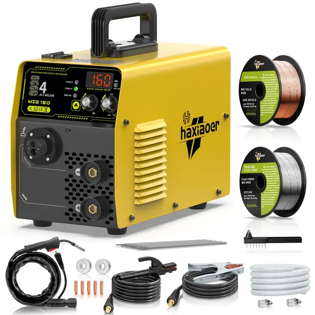 haixiaoer 160A poste à souder à fil sans gaz 4 en 1 semi-automatique synergie MAG/MIG/ARC/Lift TIG poste a souder MIG avec fils de fondant à noyau solide, idéal pour les débutants (MIG160-1)