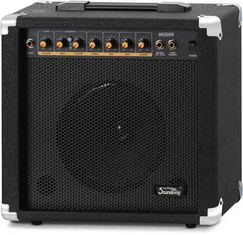 Soundking AK20-GR Ampli Guitare 60W, Égaliseur 3 Bandes, Haut-Parleur 8", 2 Canaux (Clean & Overdrive), Sortie Casque, Connexion Haut-Parleur, Coins de Protection Robustes.