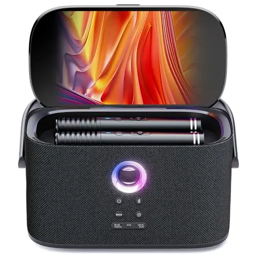 Ikarao Karaoké Adulte - Enceinte Pro avec Écran et 2 Micros sans Fil - 140W - Compatible Wi-FI, HDMI et TV - Idéal pour Fête - Abonnement Karafun Inclus(Shell S2)
