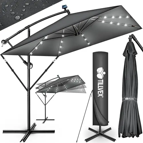 tillvex® Parasol déporté Rectangulaire Ø 330 cm + Housse de Protection & contre le vent | Parasol à manivelle carré avec support | Parasol de jardin Extérieur Anti-UV en aluminium