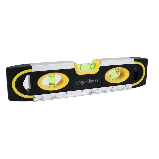 Amazon Basics Niveau à bulle Torpedo de 22.8 cm avec règle intégrée et 3 bulles (180°-90° et 45°), Noir, Jaune