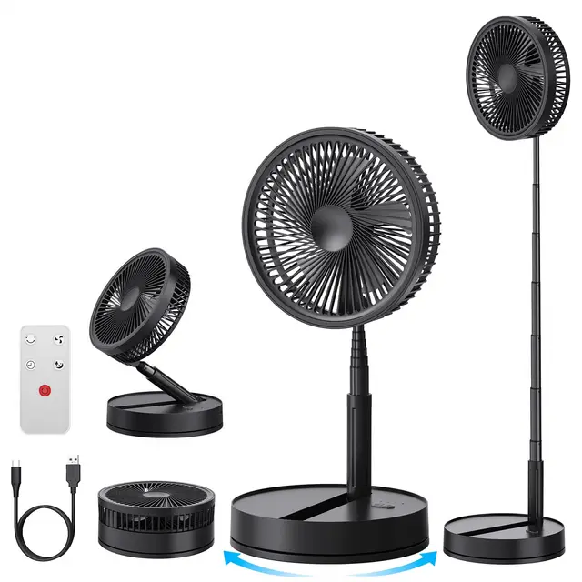 Ventilateur sur Pied Portable Silencieux avec Télécommande, 8.6" 8000mAh USB Rechargeable Pliable Fan pour Sol/Table Basse, 4 Vitesses/Timer Oscillant Ventilateurs pour Bureau Chambre Dormir (Noir)