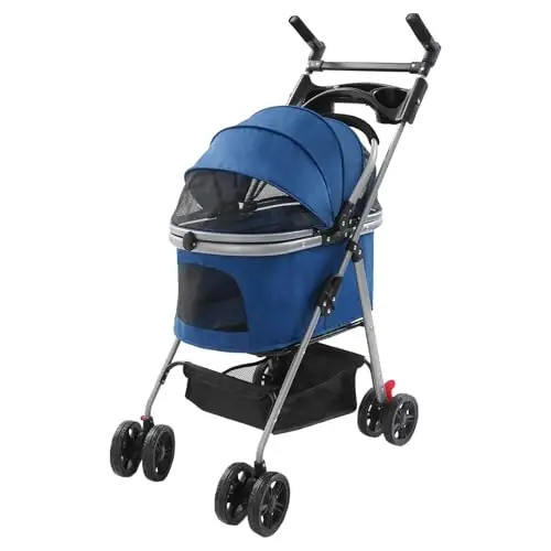 Poussette pliable pour chien avec roues universelles, pour chats et petits chiens, capacité de charge jusqu'à 12 kg, dimensions du produit plié : 21,5 x 80 cm (bleu foncé)