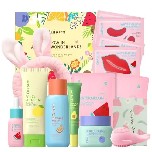 QUIYUM Coffret de soins visage aux fruits, coffret cadeau 14 pièces pour femmes, au niacinamide et aux céramides, éclat du teint et hydratation intense