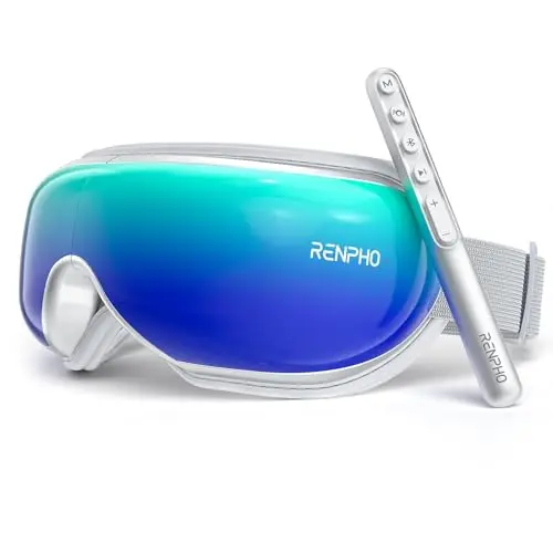 RENPHO masseur oculaire avec télécommande et chaleur, masque de massage des yeux rechargeable avec musique bluetooth pour soulager la fatigue oculaire, poches oculaires sec améliorer le sommeil