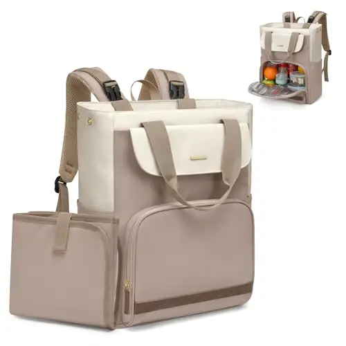GOLF SUPAGS 25L Sac a Langer Bebe avec Matelas à Langer Portable et Sangles pour Poussette, Sac a Dos Isotherme, Sac à Dos à Langer Maternité, pour Maman ou Papa (Champagne & Blanc)