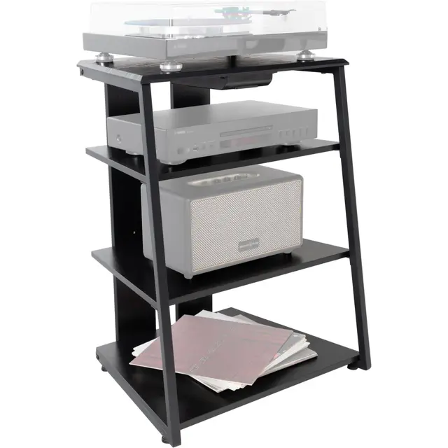 Stagecaptain HiFi Rack - Finitura Legno frassino Nero, telaio in Acciaio – 4 ripiani HiFi, ognuno Con portata tra 20–50 kg - cassetto e piedi regolabili – Ideale per giradischi, componenti HiFi ecc.