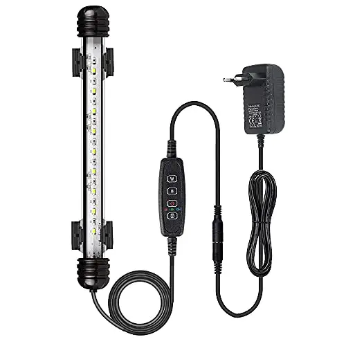 VARMHUS LED Aquarium Lampe,Fish Tank Light minuterie marche/arrêt automatique, 3 modes d'éclairage à intensité variable blanc-bleu, 10 niveaux de luminosité en option (Bleu + Blanc 18cm)
