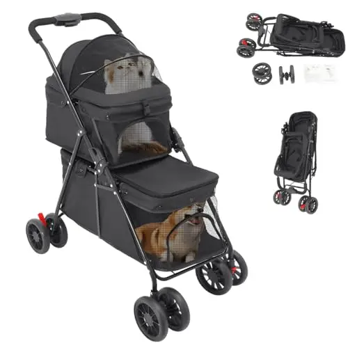 Poussette 2 en 1 pour chien à 2 étages - Fonction pliante - Avec ceintures de sécurité - Roues EVA pivotantes à 360° - Capacité de charge 15 à 20 kg - Convient pour chiens et chats de petite à moyenne