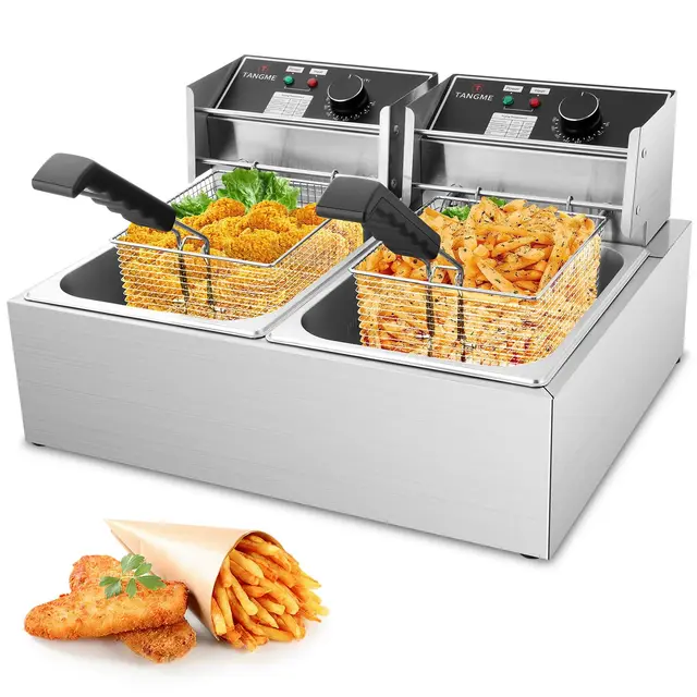Friteuse Professionnelle, 5000W Friteuse Électrique avec Paniers, Cuve en Acier Inoxydable Épaissi 0,8mm, Friteuse à Huile de Comptoir 20,7L Grande Capacité avec Limiteur de Température