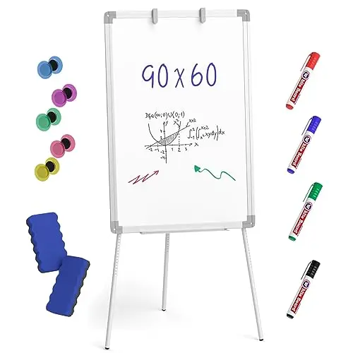 Nicpro tableau blanc magnetique 60 x 90 cm avec 4 stylos à base d'eau- 10 aimants- 2 Gomme, trépied à hauteur réglable, tableau blanc effacable sur pied pour étudiants, bureau, maison, classe