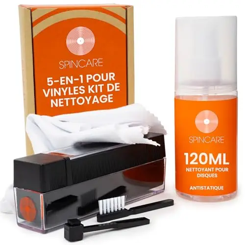 SPINCARE Kit Nettoyage Vinyle 5-en-1 | Kit Entretien Vinyle avec Brosse Velours et Couvercle Anti-Poussière | Spray Antistatique 120 ML | Brosse Stylet | Chiffon Microfibre | Nettoyeur Disque Vinyle