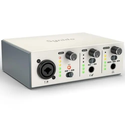 Synido Interface audio USB C pour enregistrement de musique, streaming, podcasting avec XLR, entrée ligne, 24 bits/48 kHz, alimentation fantôme 48 V, 2 canaux, argent