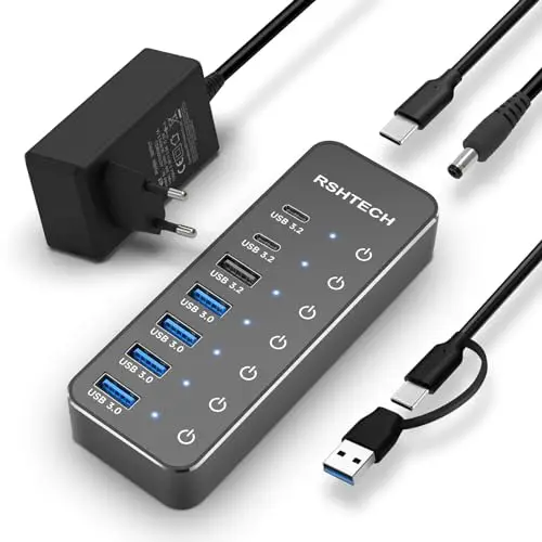 Hub USB Alimenté, RSHTECH Hub USB 3.2/USB C à 7 Ports avec 3*10Gbps Data Port (USB-A, 2*USB-C), 4*5Gbps USB 3.0 Ports, Touch Switch, 2-in-1 Data Cable (100cm), Adaptateur Alimentation 5V, RSH-ST07C