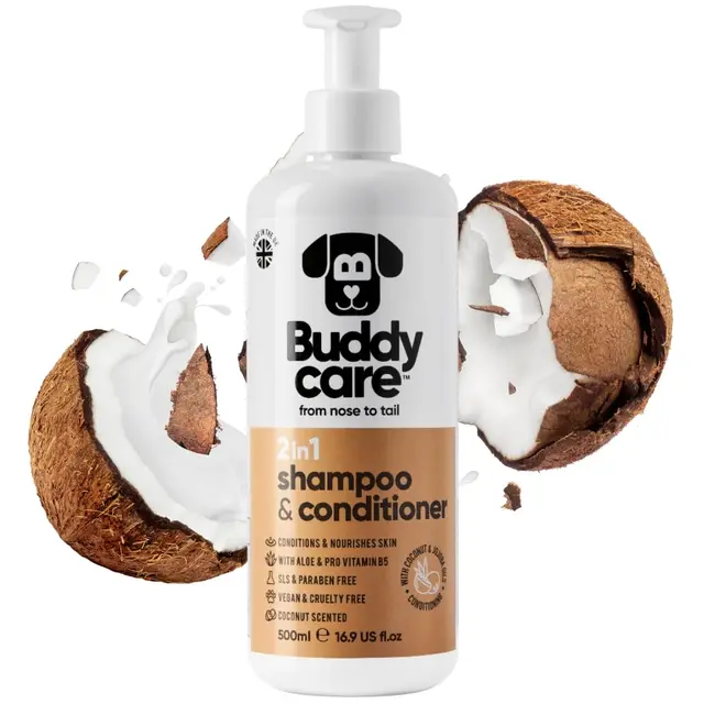 Shampooing et revitalisant 2 en 1 par Buddycare - Shampooing et revitalisant Pratique pour Chiens en Un Seul Produit - avec de l'aloe Vera et de la provitamine B5 (500ml)