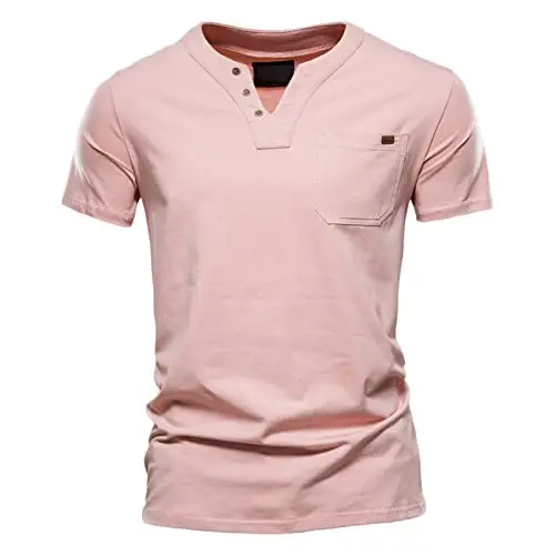 T-shirt de course pour homme - T-shirt de loisirs - Col en V - Coupe ajustée - Coton - Avec boutonnière - Sweatshirt respirant - Manches courtes - Couleur unie
