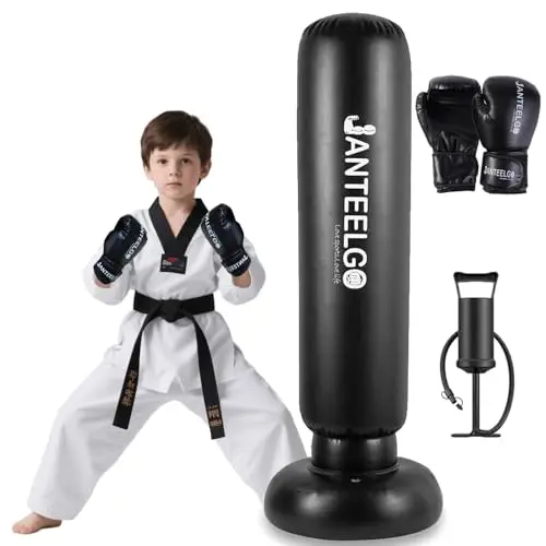 Punching Ball Enfants avec Gants de Boxe: JanTeelGO 150cm Sac de Boxe Enfant Gonflable pour la Karaté - Sac de Frappe Enfant Cadeaux pour GarçOns et Filles 3-12 Ans