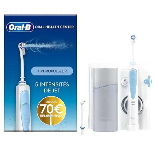 Oral-B Jet Dentaire Health Center, 5 Intensités, Blanc – Canules Dédiées, Modes de Pression pour un Nettoyage en Profondeur entre les Dents, Technologie Douce sur les Gencives