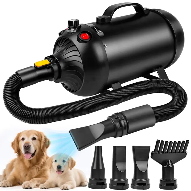 YAZEKY Pulseur pour Chien Professionnel, 2800W Souffleur Chiens Silencieux, Pulseur pour Chien Poils Longs, Toilettage Sèche-Cheveux pour Animaux,Vitesse et Température Réglables avec 4 Buses