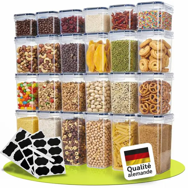 uandu Lot de 24 boîtes de conservation avec couvercle hermétiques - Sans BPA - Boîte de rangement de cuisine pour céréales, farine et sucre - Avec stylo d'écriture et étiquette