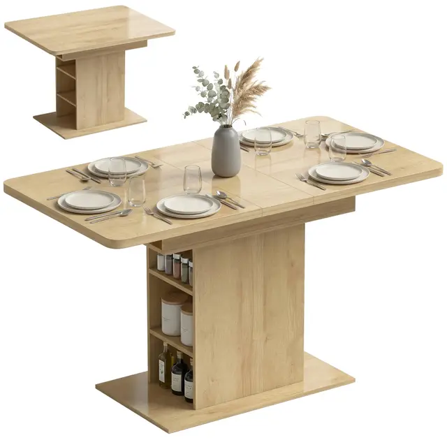 HOMCOM Table à Manger Extensible Rectangle pour 4 à 6 Personnes, Table de Cuisine 110-130 cm avec 6 Étagères Ouvertes et Compartiment, pour Petits Espaces, Salle à Manger, Salon, Bois Naturel