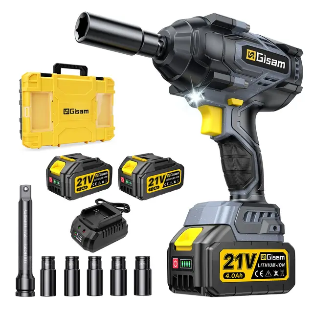 Gisam 1400N.m Clé à Choc Sans Fil Brushless avec 2 * 4.0Ah Batterie, 4 niveaux de puissance, 21V 1/2 Boulonneuse à Choc avec 5 Douilles à Chocs, pour la Voiture et la Maison