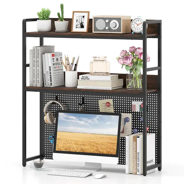 COSTWAY Étagère de Bureau, Bibliothèque de Bureau à 2 Niveaux Polyvalente avec Panneau Perforé, Organisateur de Rangement Industriel pour Moniteur d'Ordinateur jusqu'à 32", pour Dortoir