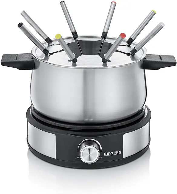 Severin Fondue Crêpière 2 en 1, Inclus 8 fourchettes à fondue, spatule à crêpe et répartiteur de pâte, Inox/Noir, FO 2471