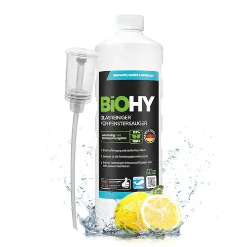 BiOHY Nettoyeur de vitres pour aspirateurs de vitres (Bouteille de 1l) + Distributeur | brillant éclatant sur toutes les surfaces | pour un nettoyage sans traces (Fenstersauger)